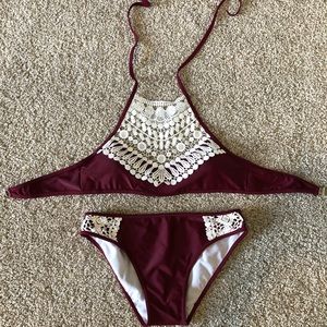 Maroon/white halter top swimsuit set
